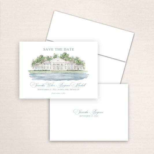 Custom watercolor Save the Date card featuring hand-painted venue illustration of Waldenwoods at Cromain Hall in Hartland, Michigan. Personalized wedding stationery with elegant venue artwork
