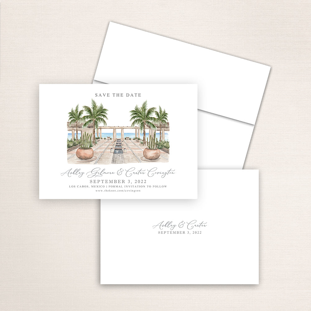 Custom watercolor Save the Date card featuring hand-painted venue illustration of the Waldorf Astoria in Los Cabos, Mexico. Personalized wedding stationery with elegant venue artwork.