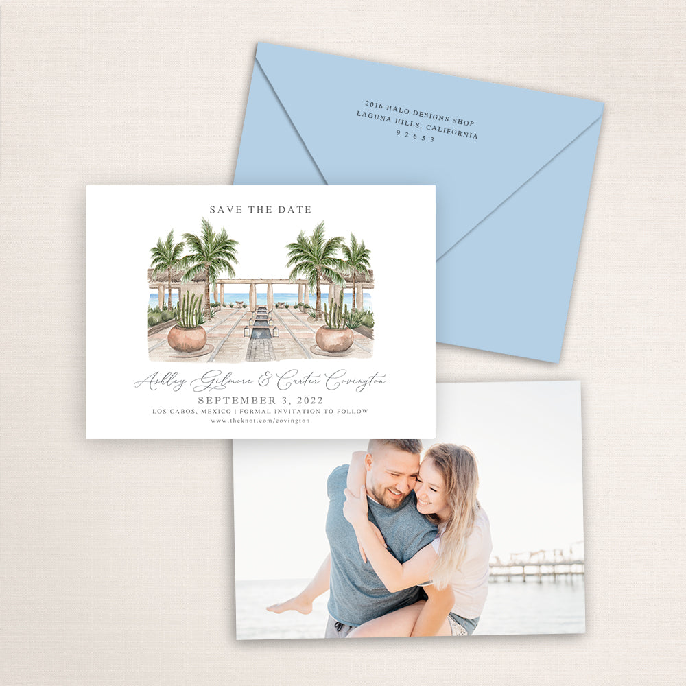 Custom watercolor Save the Date card featuring hand-painted venue illustration of the Waldorf Astoria in Los Cabos, Mexico. Personalized wedding stationery with elegant venue artwork.