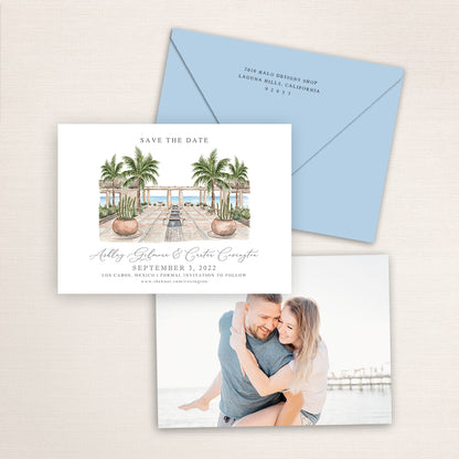 Custom watercolor Save the Date card featuring hand-painted venue illustration of the Waldorf Astoria in Los Cabos, Mexico. Personalized wedding stationery with elegant venue artwork.