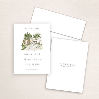 Custom watercolor Save the Date card featuring hand-painted venue illustration of the entrance to the Waldorf Astoria in Los Cabos, Mexico. Personalized wedding stationery with elegant venue artwork.