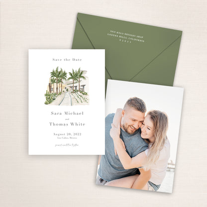 Custom watercolor Save the Date card featuring hand-painted venue illustration of the entrance to the Waldorf Astoria in Los Cabos, Mexico. Personalized wedding stationery with elegant venue artwork with matching envelopes.
