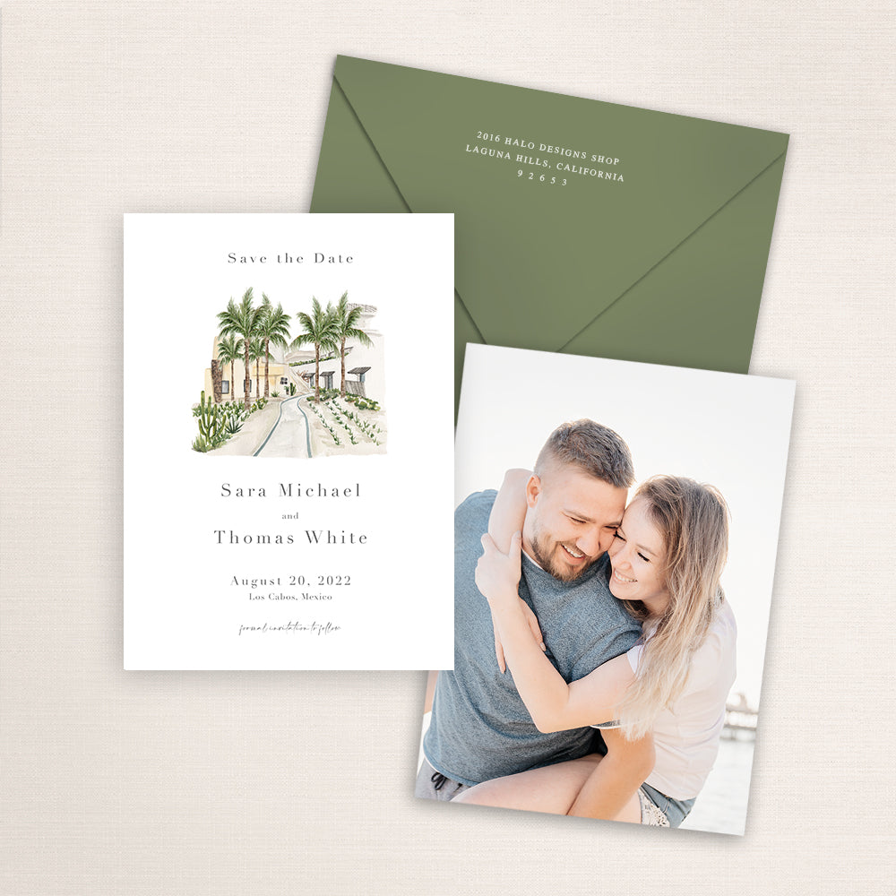 Custom watercolor Save the Date card featuring hand-painted venue illustration of the entrance to the Waldorf Astoria in Los Cabos, Mexico. Personalized wedding stationery with elegant venue artwork with matching envelopes.