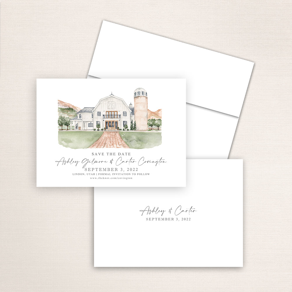 Custom watercolor Save the Date card featuring hand-painted venue illustration of Walker Farms in Linden, Utah. Personalized wedding stationery with elegant venue artwork. 
