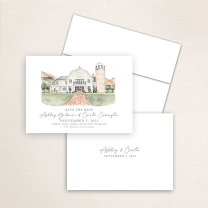 Custom watercolor Save the Date card featuring hand-painted venue illustration of Walker Farms in Linden, Utah. Personalized wedding stationery with elegant venue artwork. 
