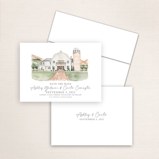 Custom watercolor Save the Date card featuring hand-painted venue illustration of Walker Farms in Linden, Utah. Personalized wedding stationery with elegant venue artwork. 
