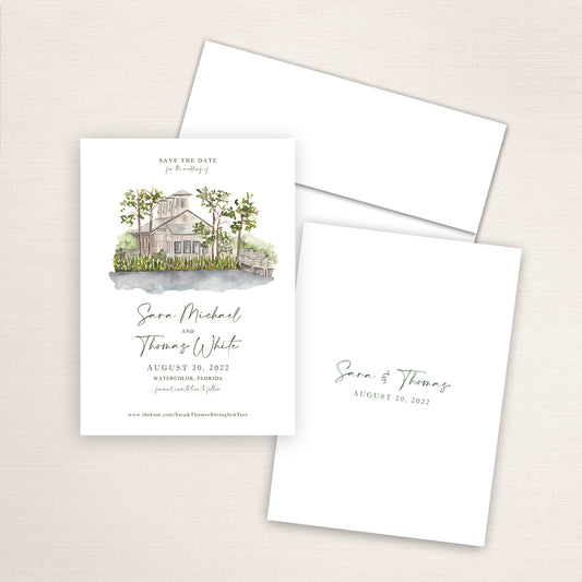 Custom watercolor Save the Date card featuring hand-painted venue illustration of the Watercolor Boathouse in Watercolor, Florida. Personalized wedding stationery with elegant venue artwork. 