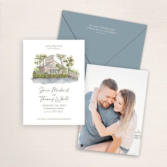 Custom watercolor Save the Date card featuring hand-painted venue illustration of the Watercolor Boathouse in Watercolor, Florida. Personalized wedding stationery with elegant venue artwork with matching envelopes.