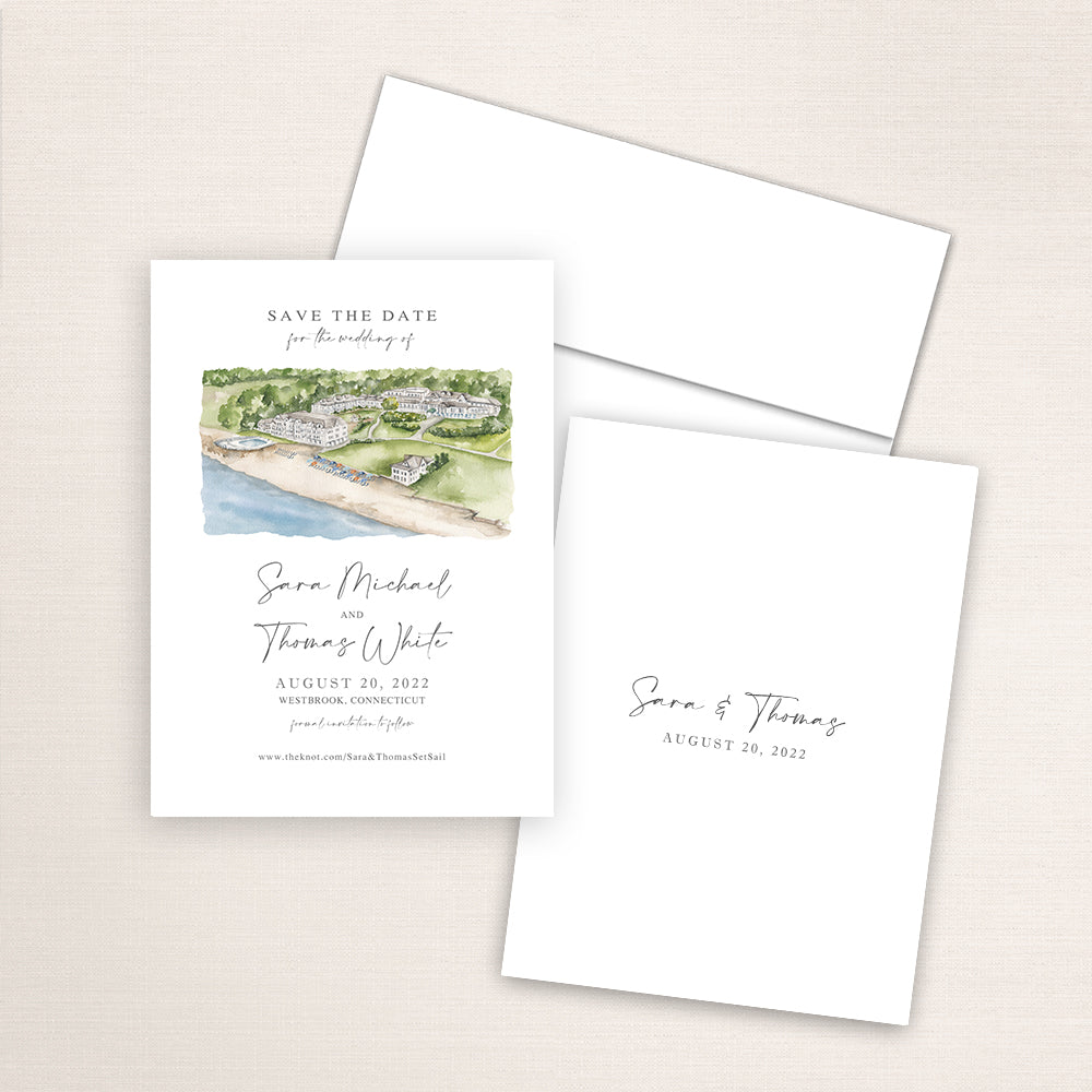 Custom watercolor Save the Date card featuring hand-painted venue illustration of Water's Edge Resort in Westbrook, Connecticut, Personalized wedding stationery with elegant venue artwork. 
