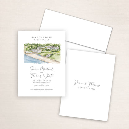 Custom watercolor Save the Date card featuring hand-painted venue illustration of Water's Edge Resort in Westbrook, Connecticut, Personalized wedding stationery with elegant venue artwork. 