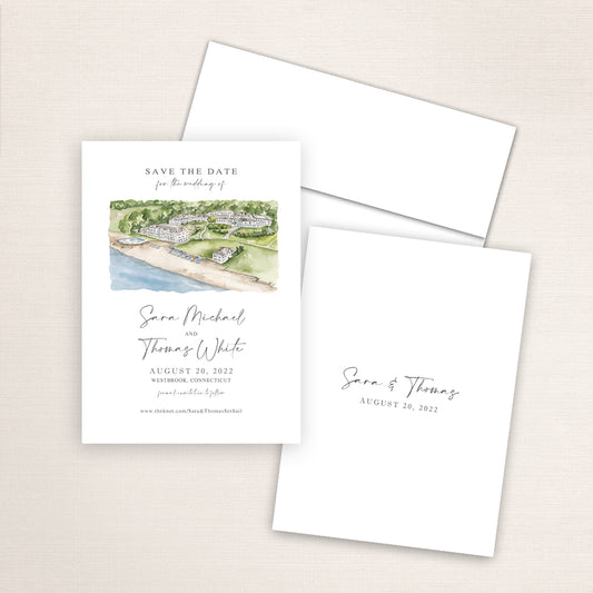Custom watercolor Save the Date card featuring hand-painted venue illustration of Water's Edge Resort in Westbrook, Connecticut, Personalized wedding stationery with elegant venue artwork. 