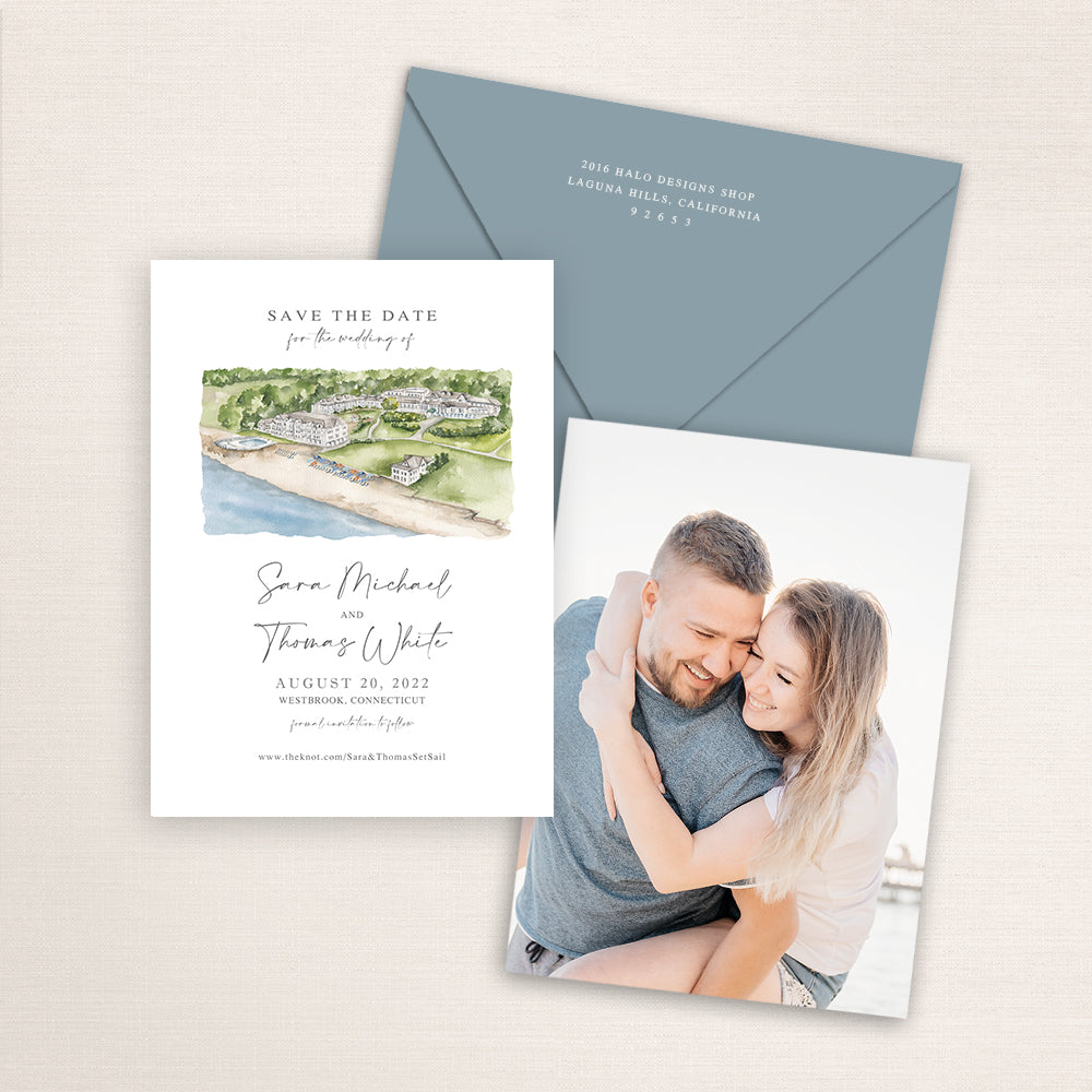 Custom watercolor Save the Date card featuring hand-painted venue illustration of Water's Edge Resort in Westbrook, Connecticut, Personalized wedding stationery with elegant venue artwork with matching envelopes.