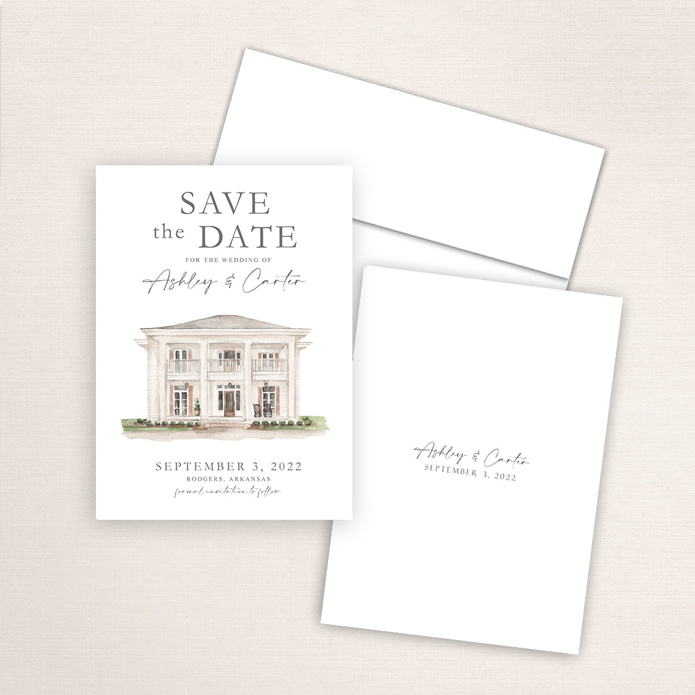 Custom watercolor Save the Date card featuring hand-painted venue illustration of the Welcome Inn in Rodgers, Arkansas. Personalized wedding stationery with elegant venue artwork. 