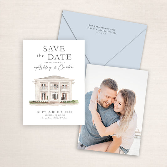 Custom watercolor Save the Date card featuring hand-painted venue illustration of the Welcome Inn in Rodgers, Arkansas. Personalized wedding stationery with elegant venue artwork with matching envelopes.
