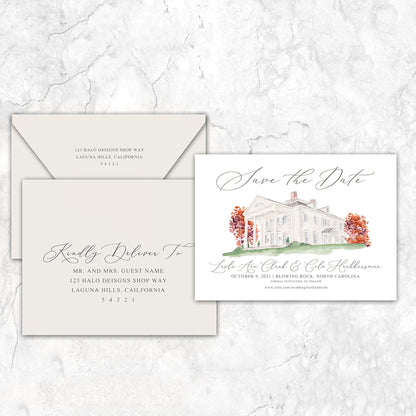 Custom watercolor Save the Date card featuring hand-painted venue illustration of Westglow Resort in Blowing Rock North Carolina personalized wedding stationery with elegant venue artwork with matching envelopes. 