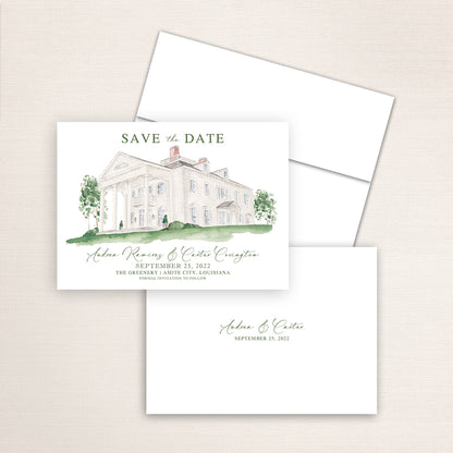 Custom watercolor Save the Date card featuring hand-painted venue illustration of Westglow Resort in Blowing Rock, North Carolina. Personalized wedding stationery with elegant venue artwork. 