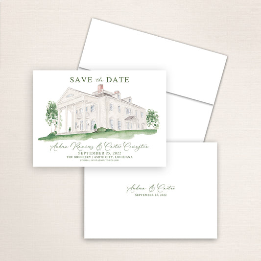 Custom watercolor Save the Date card featuring hand-painted venue illustration of Westglow Resort in Blowing Rock, North Carolina. Personalized wedding stationery with elegant venue artwork. 