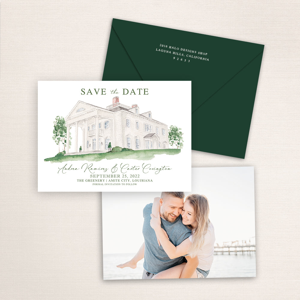 Custom watercolor Save the Date card featuring hand-painted venue illustration of Westglow Resort in Blowing Rock, North Carolina. Personalized wedding stationery with elegant venue artwork with matching envelopes.