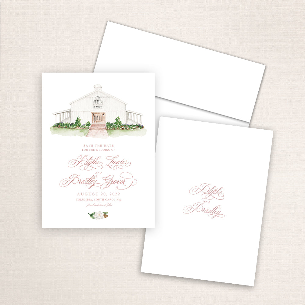 Custom watercolor Save the Date card featuring hand-painted venue illustration of White Magnolia in Columbia, South Carolina. Personalized wedding stationery with elegant venue artwork. 