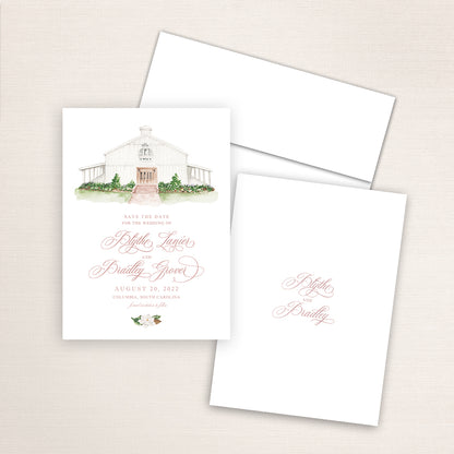 Custom watercolor Save the Date card featuring hand-painted venue illustration of White Magnolia in Columbia, South Carolina. Personalized wedding stationery with elegant venue artwork. 