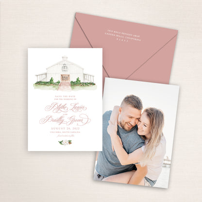 Custom watercolor Save the Date card featuring hand-painted venue illustration of White Magnolia in Columbia, South Carolina. Personalized wedding stationery with elegant venue artwork with matching envelopes.