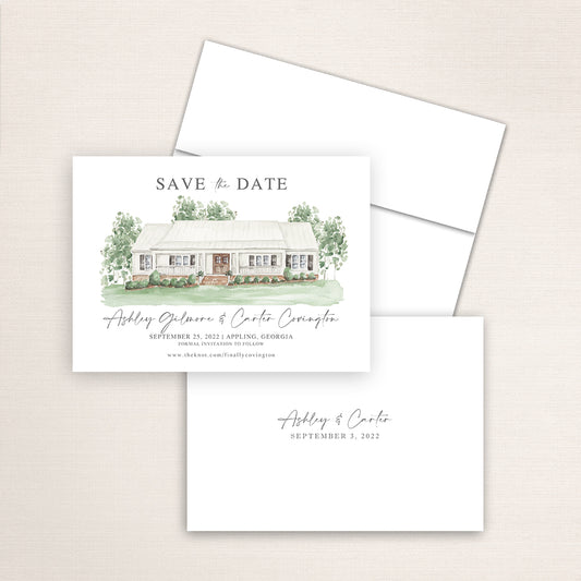Custom watercolor Save the Date card featuring hand-painted venue illustration of White Oak Road Farm in Appling, Georgia. Personalized wedding stationery with elegant venue artwork. 