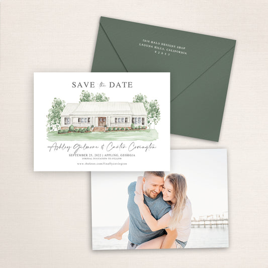 Custom watercolor Save the Date card featuring hand-painted venue illustration of White Oak Road Farm in Appling, Georgia. Personalized wedding stationery with elegant venue artwork with matching envelopes.