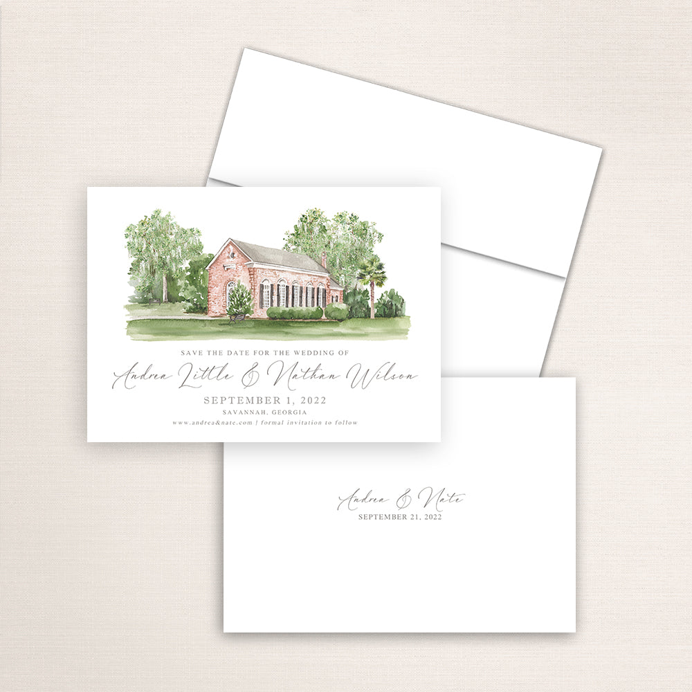 Custom watercolor Save the Date card featuring hand-painted venue illustration of Whitefield Chapel in Savannah, Georgia. Personalized wedding stationery with elegant venue artwork. 