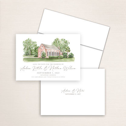 Custom watercolor Save the Date card featuring hand-painted venue illustration of Whitefield Chapel in Savannah, Georgia. Personalized wedding stationery with elegant venue artwork. 