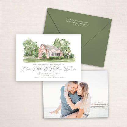 Custom watercolor Save the Date card featuring hand-painted venue illustration of Whitefield Chapel in Savannah, Georgia. Personalized wedding stationery with elegant venue artwork with matching envelopes.