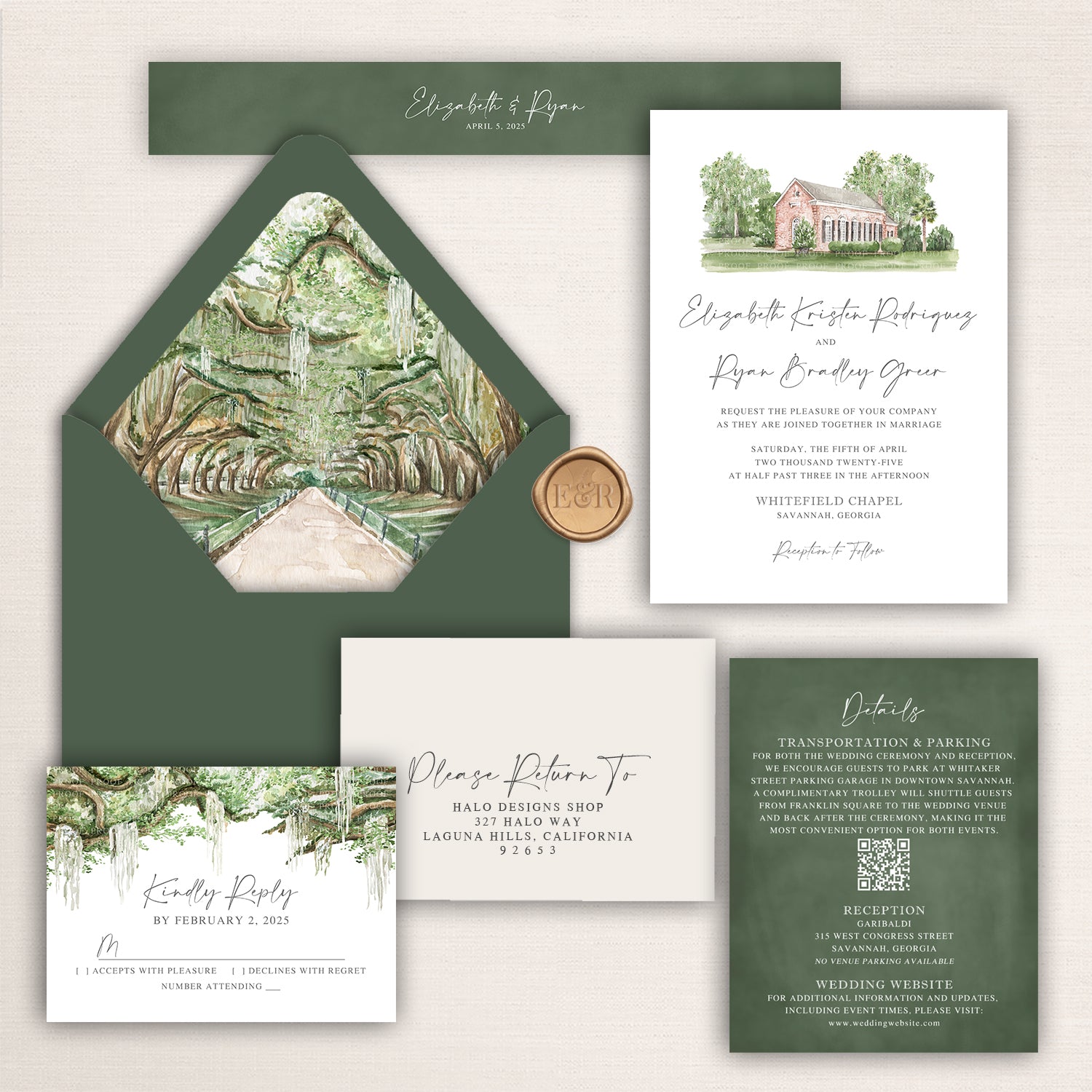 Elegant watercolor wedding invitation suite featuring a hand-painted Whitefield Chapel illustration and coordinating forest green details.