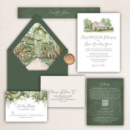 Elegant watercolor wedding invitation suite featuring a hand-painted Whitefield Chapel illustration and coordinating forest green details.