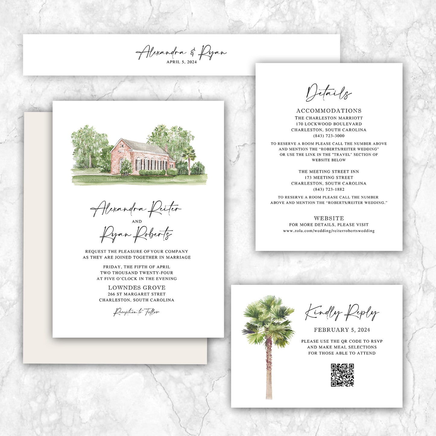 Hand-painted chapel wedding invitation suite with coordinating envelopes, rsvp, and detail card.