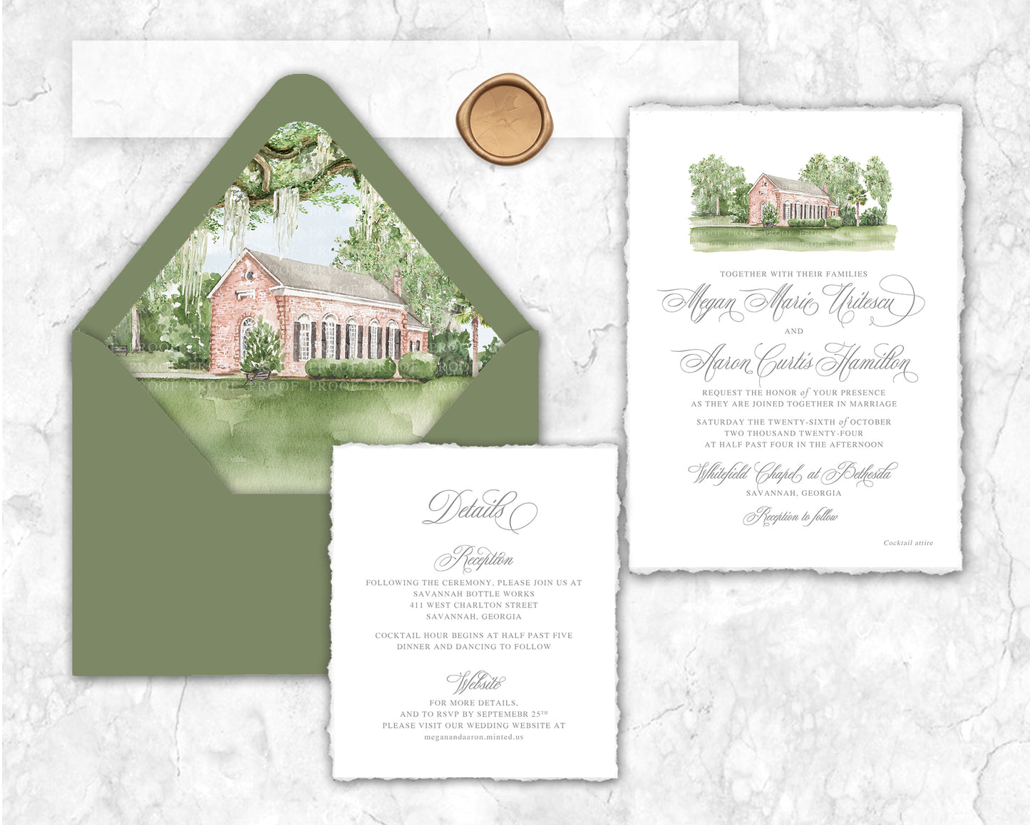 Watercolor wedding invitation set with illustrated Whitefield Chapel and soft neutral accents.