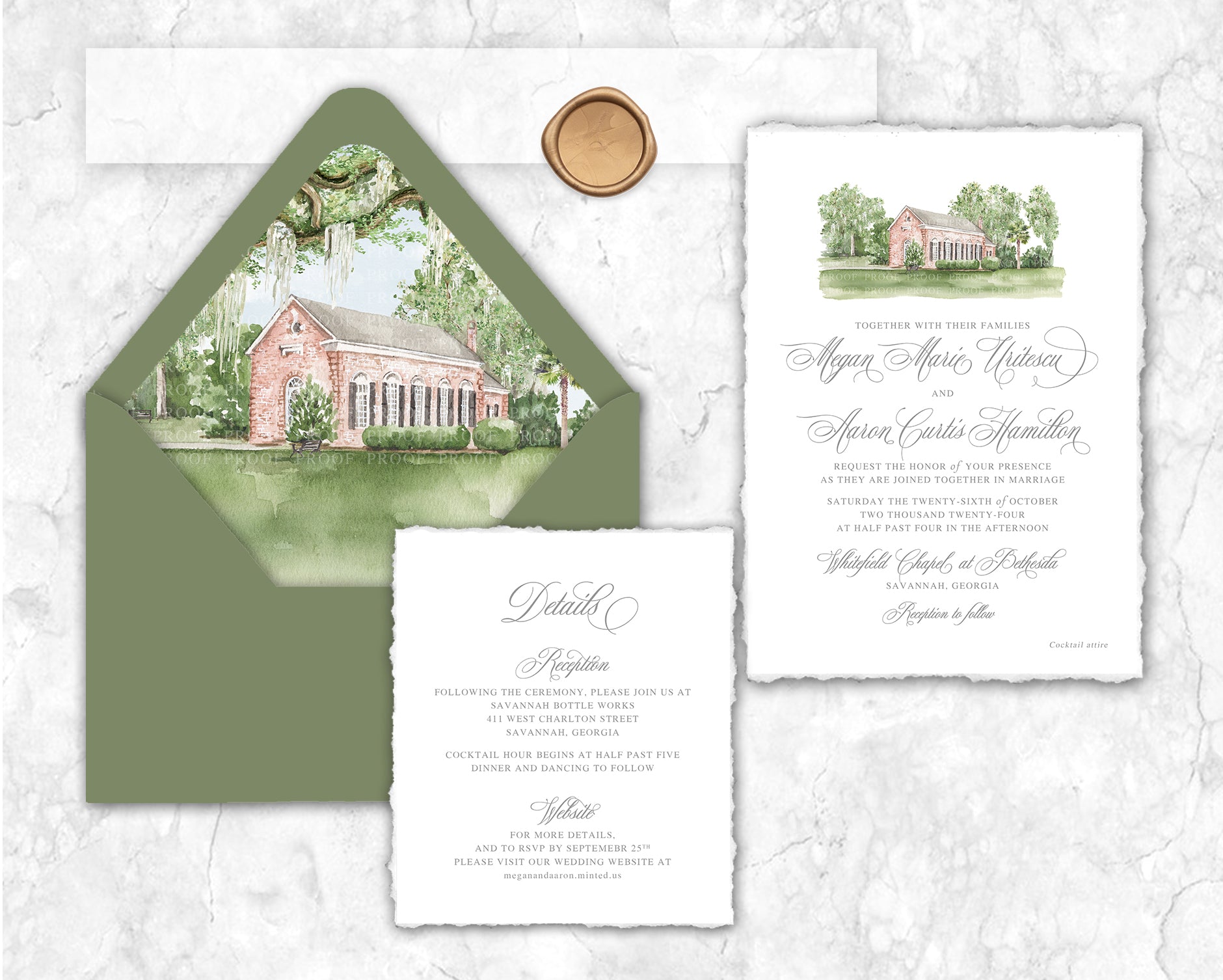 Watercolor wedding invitation set with illustrated Whitefield Chapel and soft neutral accents.