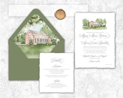 Watercolor wedding invitation set with illustrated Whitefield Chapel and soft neutral accents.