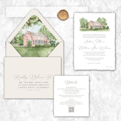 Watercolor wedding invitation suite with a hand-painted Whitefield Chapel illustration and matching envelope liner.