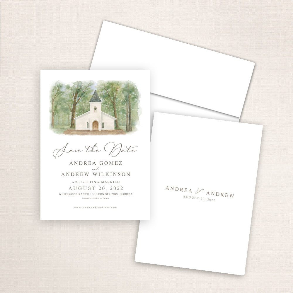 Whitewood Ranch save the date featuring a soft watercolor illustration of a white chapel surrounded by tall trees in De Leon Springs, Florida, elegant script typography, and a minimalist back with the couple’s names and wedding date.
