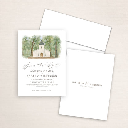 Whitewood Ranch save the date featuring a soft watercolor illustration of a white chapel surrounded by tall trees in De Leon Springs, Florida, elegant script typography, and a minimalist back with the couple’s names and wedding date.