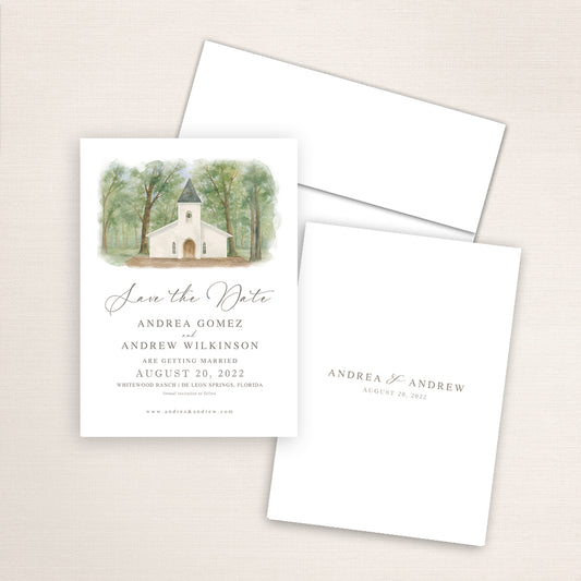 Whitewood Ranch save the date featuring a soft watercolor illustration of a white chapel surrounded by tall trees in De Leon Springs, Florida, elegant script typography, and a minimalist back with the couple’s names and wedding date.