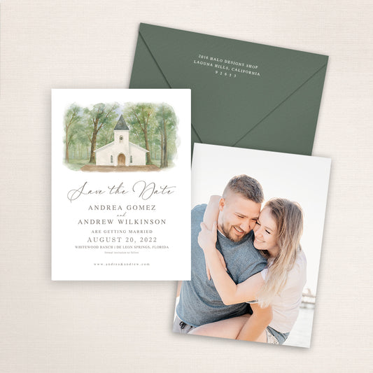 Whitewood Ranch wedding save the date with a watercolor chapel illustration, sage green envelope, refined calligraphy text, and engagement photo printed on the back.