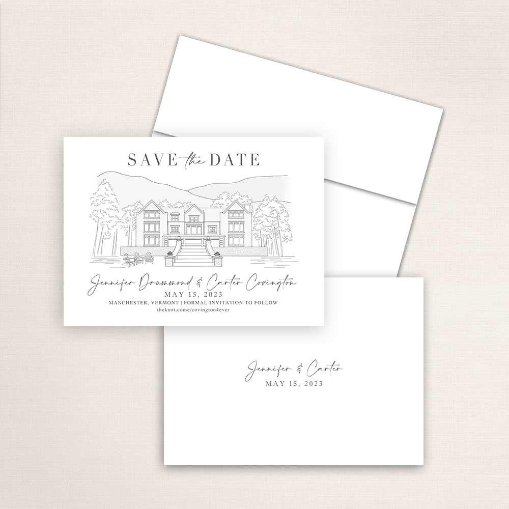 Custom hand-drawn Save the Date card featuring venue sketch illustration of Wilberton Inn in Manchester, Vermont. Personalized wedding stationery with elegant venue artwork. 