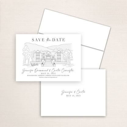 Custom hand-drawn Save the Date card featuring venue sketch illustration of Wilberton Inn in Manchester, Vermont. Personalized wedding stationery with elegant venue artwork. 