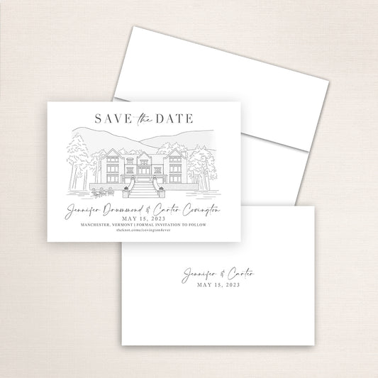 Custom hand-drawn Save the Date card featuring venue sketch illustration of Wilberton Inn in Manchester, Vermont. Personalized wedding stationery with elegant venue artwork. 