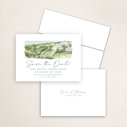 Custom watercolor Save the Date card featuring hand-painted venue illustration of Wild Dunes Resort in Isle of Palms, South Carolina.  Personalized wedding stationery with elegant venue artwork. 