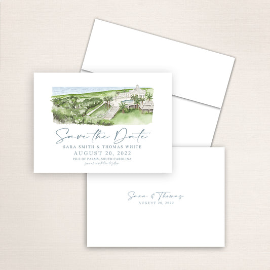 Custom watercolor Save the Date card featuring hand-painted venue illustration of Wild Dunes Resort in Isle of Palms, South Carolina.  Personalized wedding stationery with elegant venue artwork. 