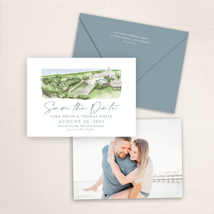 Custom watercolor Save the Date card featuring hand-painted venue illustration of Wild Dunes Resort in Isle of Palms, South Carolina.  Personalized wedding stationery with elegant venue artwork with matching envelopes.