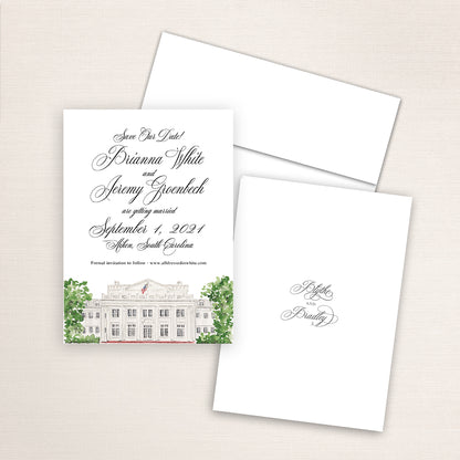 Custom watercolor Save the Date card featuring hand-painted venue illustration of The Willcox Hotel in Aiken, South Carolina. Personalized wedding stationery with elegant venue artwork. 