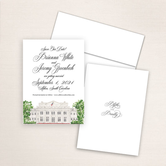Custom watercolor Save the Date card featuring hand-painted venue illustration of The Willcox Hotel in Aiken, South Carolina. Personalized wedding stationery with elegant venue artwork. 