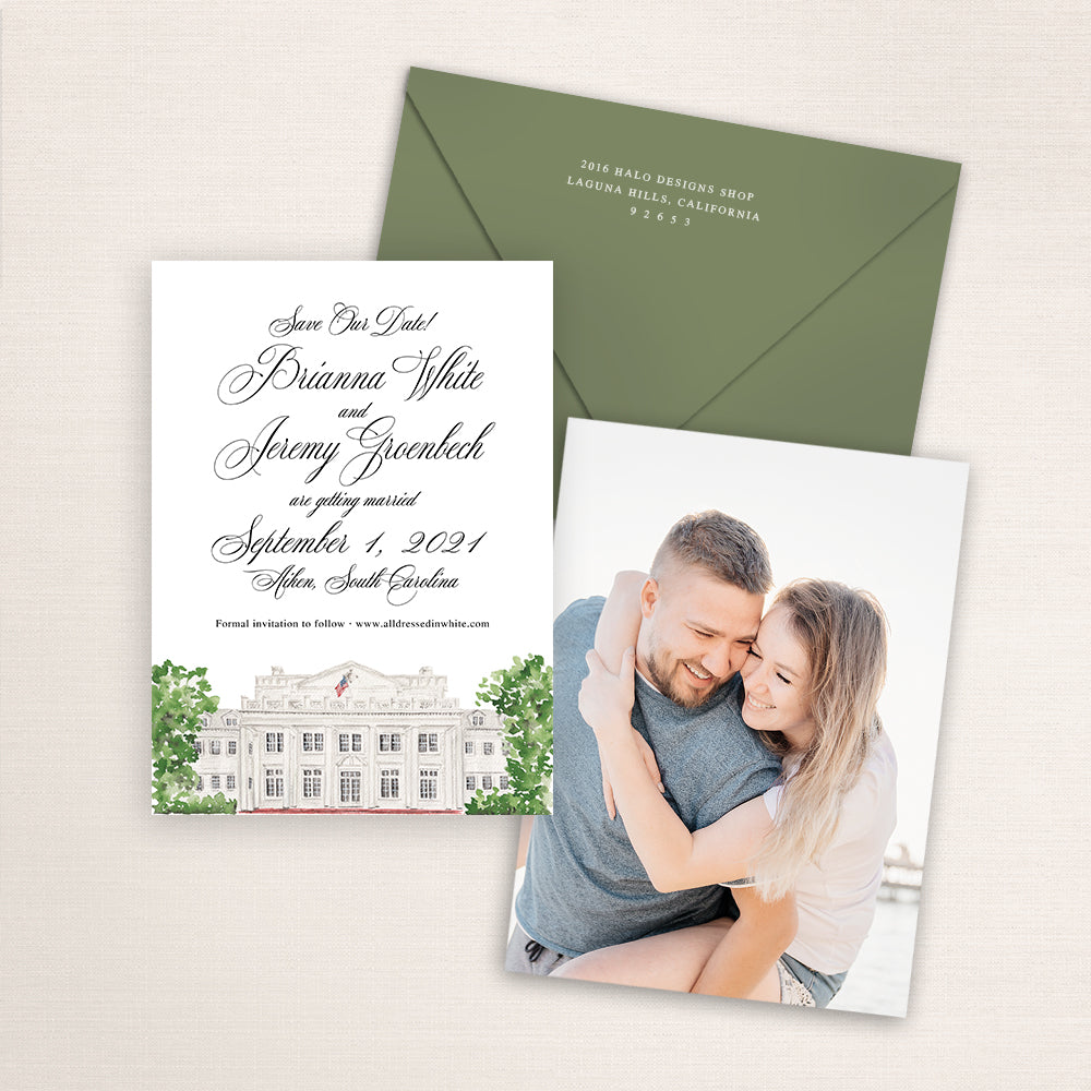 Custom watercolor Save the Date card featuring hand-painted venue illustration of The Willcox Hotel in Aiken, South Carolina. Personalized wedding stationery with elegant venue artwork with matching envelopes.